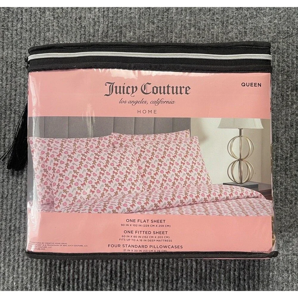 Juicy Couture Pink Christmas Peppermint Gingerbread Queen Sheet Set 6 Piece NEW